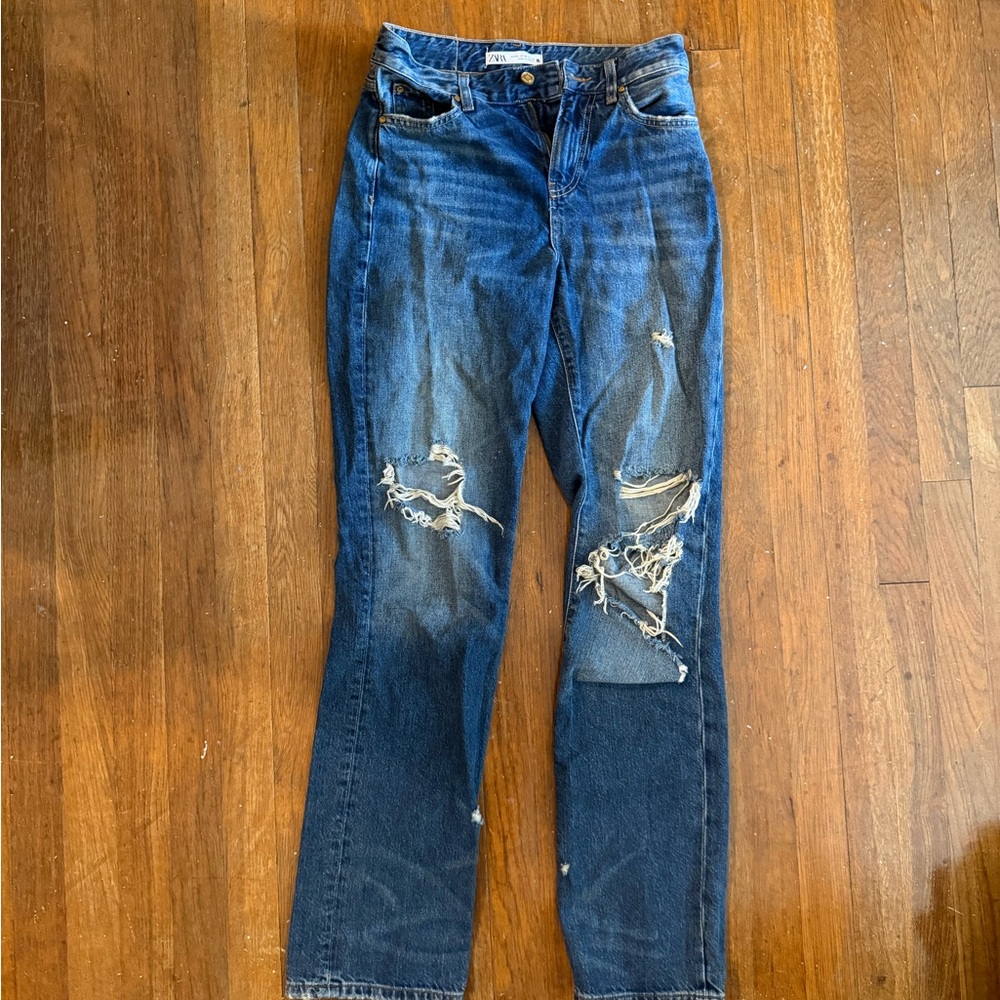 Zara Blue Distressed Straight Leg Jeans